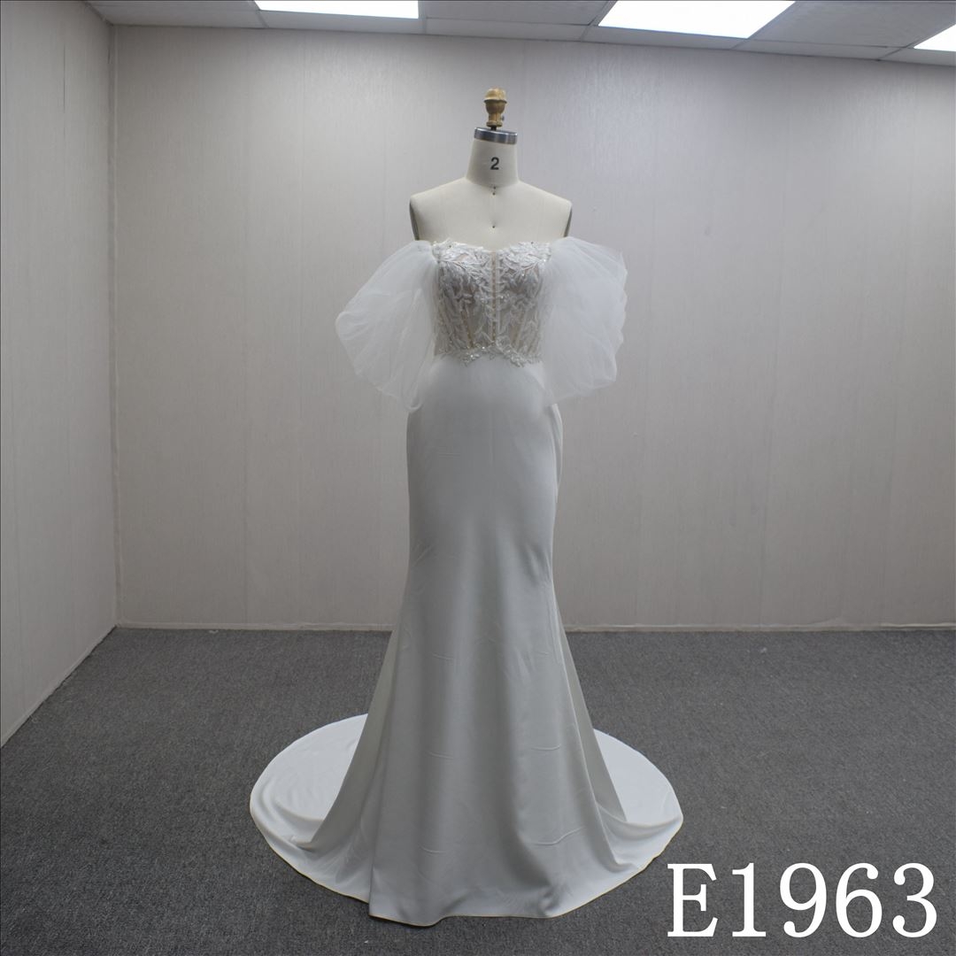 Simple Satin Bridal Gown with Short sleeves and Sweep Train New Design