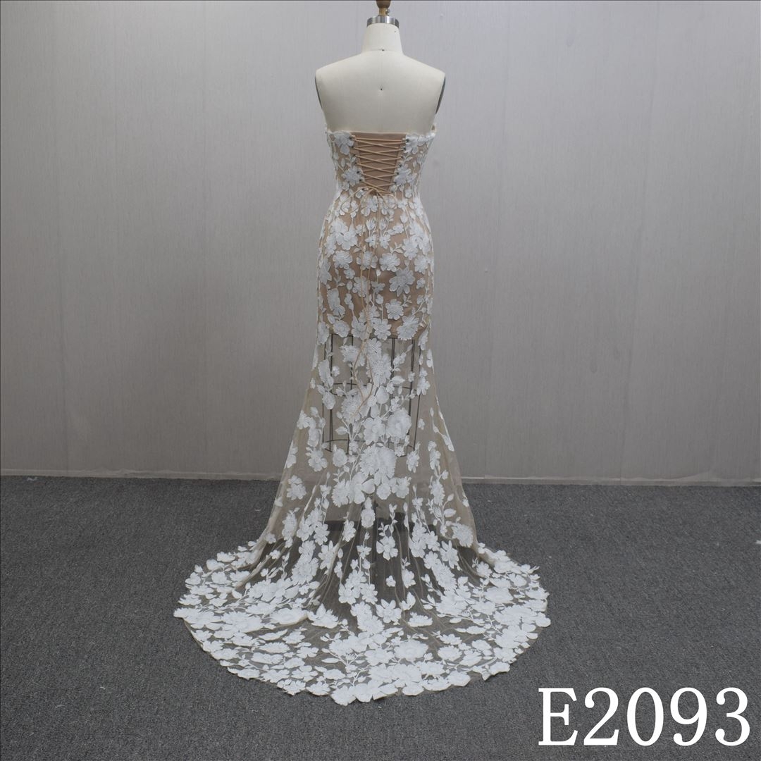 V-neck with Lace flower mermaid Hand Made Bridal Dress