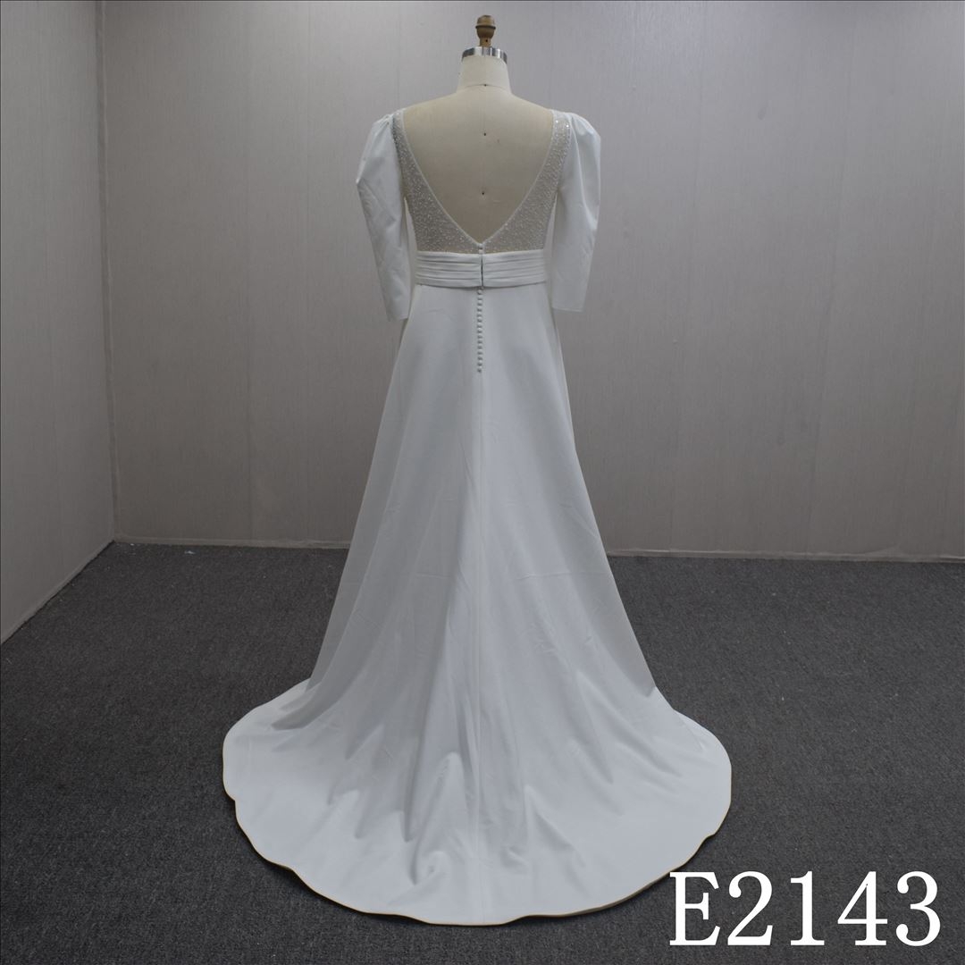 Custom Simple A-line Short Sleeves Satin Hand Made Bridal Dress