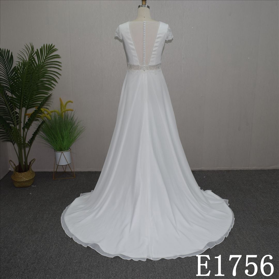 Simple Satin Bridal Gown with Short sleeves and Sweep Train New Design