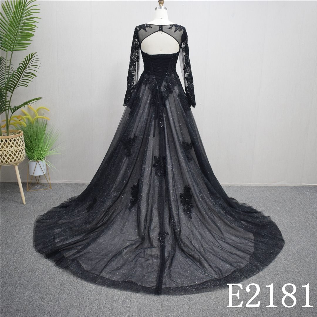 Sexy Backless V-neck Black with Long sleeve Lace Hand Made wedding Dress