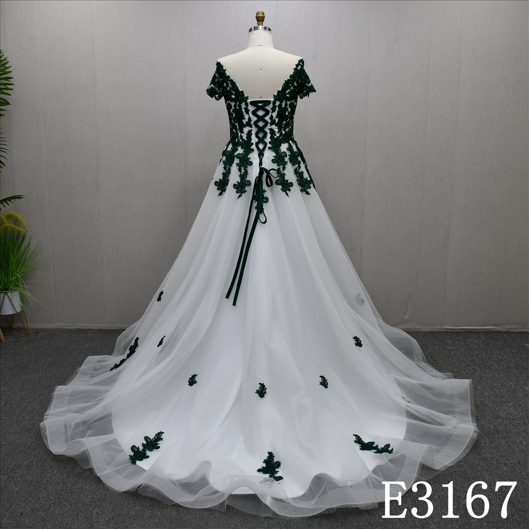 New Design Green Lace Elegant A-line Applique Wedding Dress Bridal Gown
