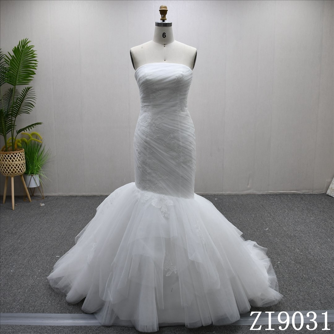 Newest Design Wrapped Chest Applique Tulle High Quality Mermaid Wedding Dress