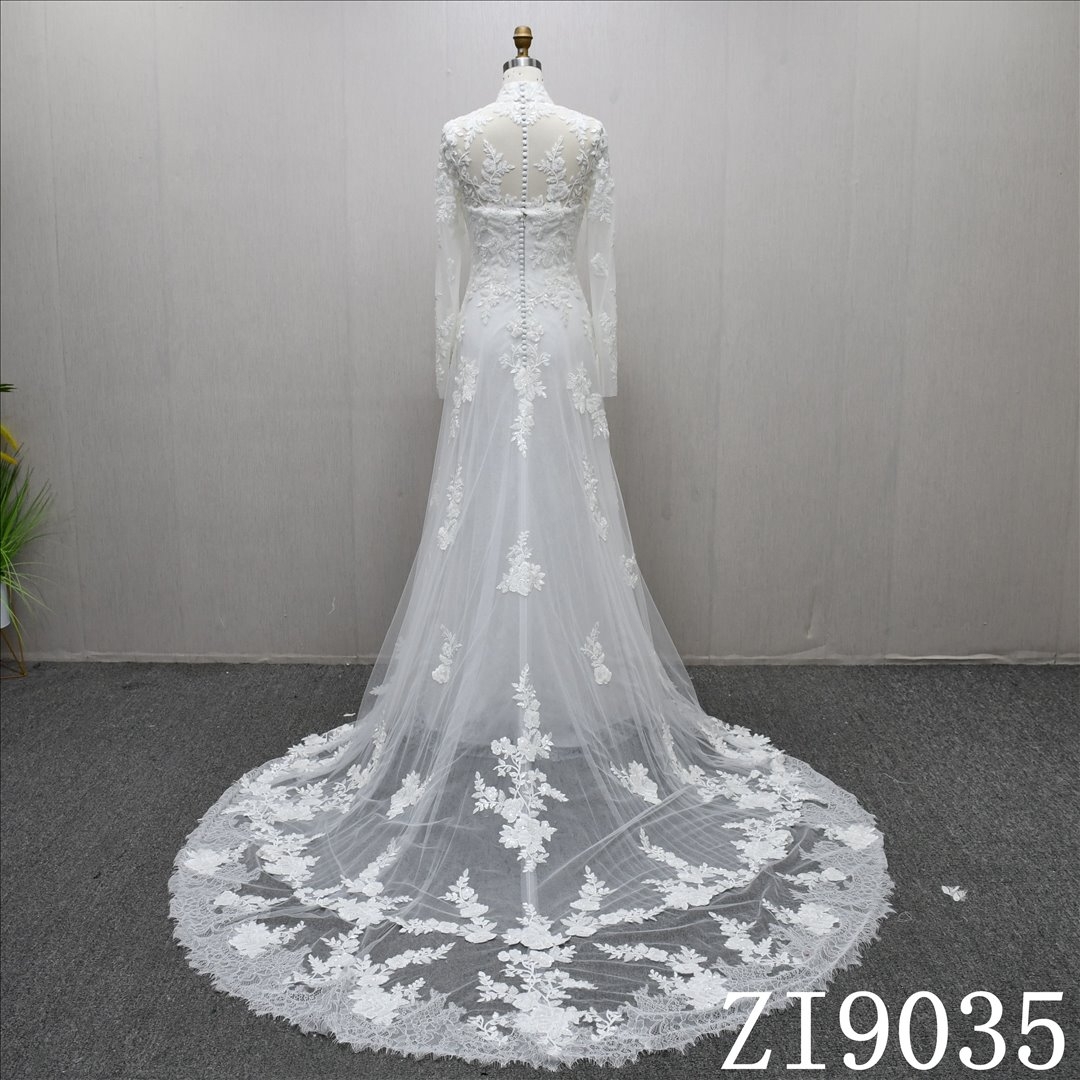 Long Sleeve High Neck Applique Elegant Sheath Mermaid Hot-selling Wedding Dress