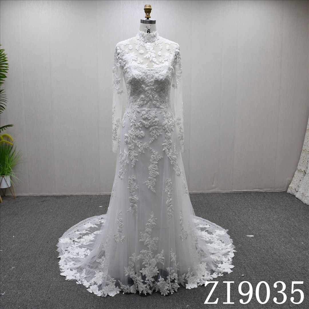 Long Sleeve High Neck Applique Elegant Sheath Mermaid Hot-selling Wedding Dress