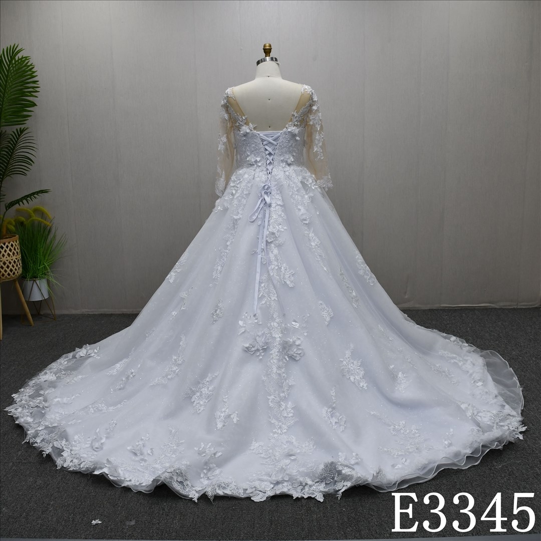 Long Sleeve White And Nude Illusion And Elegant Lace 3D Applique Wedding Dress
