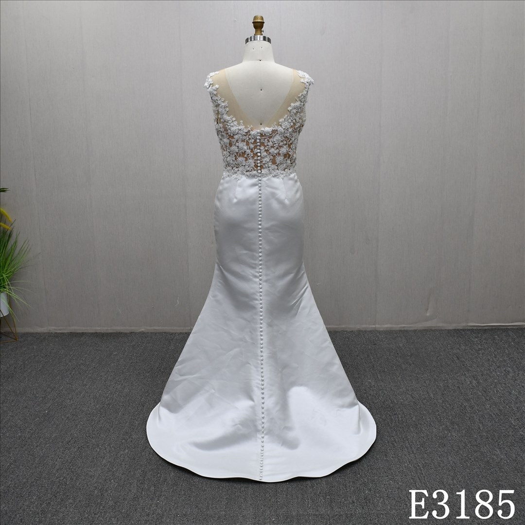 Illusion Lace Applique Beaded Split High Quality Sheath Mermaid Wedding Dress