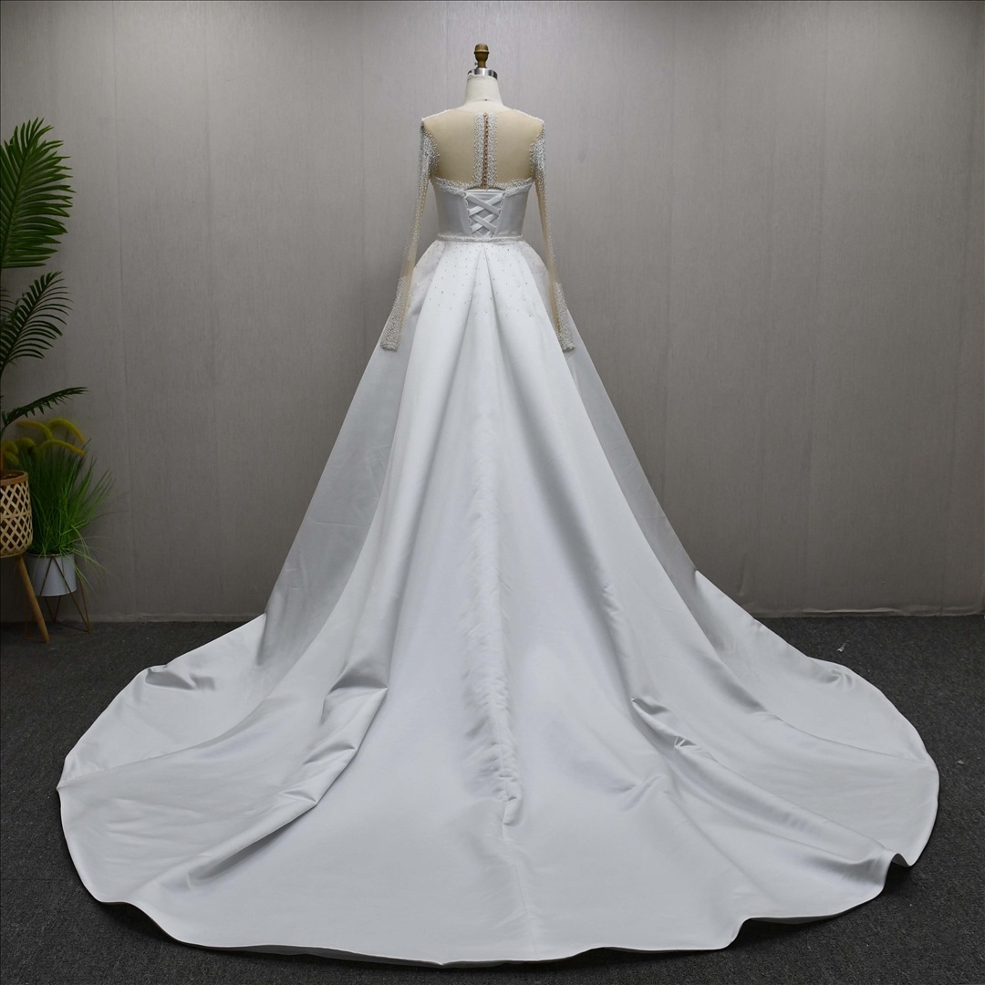 Illusion Long Sleeves Beaded Pleat Sheath Mermaid Detachable Train Wedding Dress
