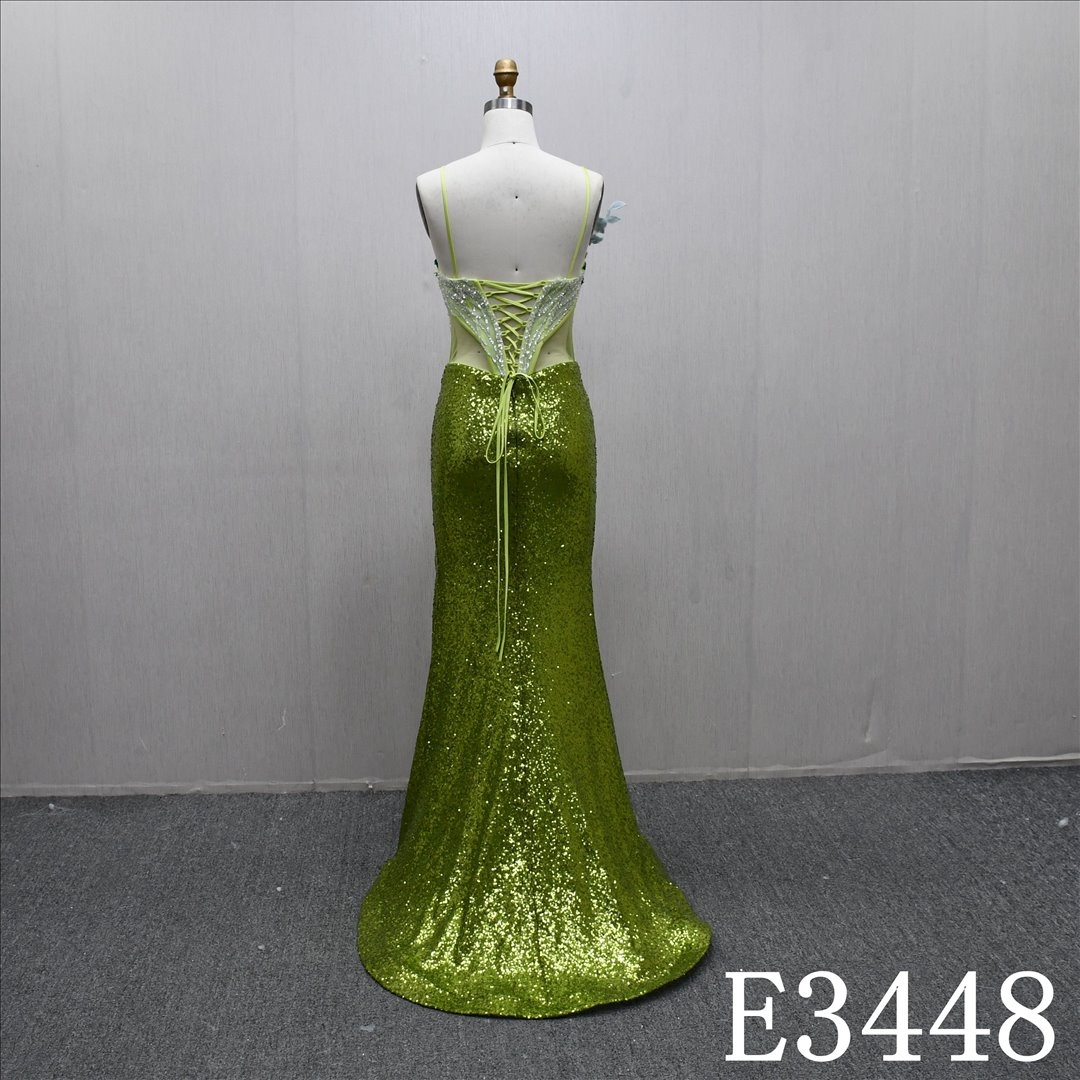Elegant Spaghetti Straps Lace Beaded Sequins Sheath Mermaid Split Bridal Gown