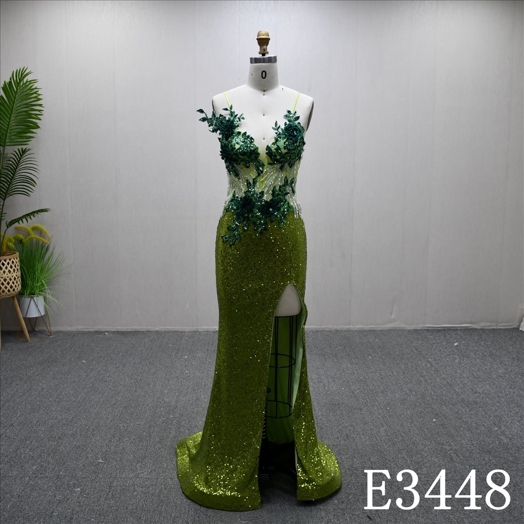 Elegant Spaghetti Straps Lace Beaded Sequins Sheath Mermaid Split Bridal Gown