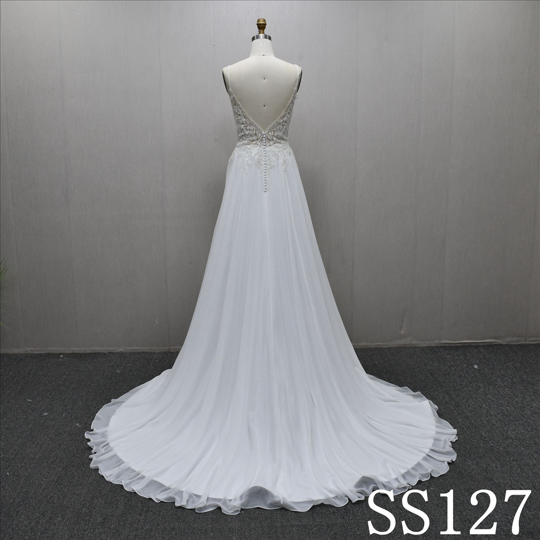 V Neckline Fashion Elegant Lace Beaded A-line High Waist Popular Wedding Dress