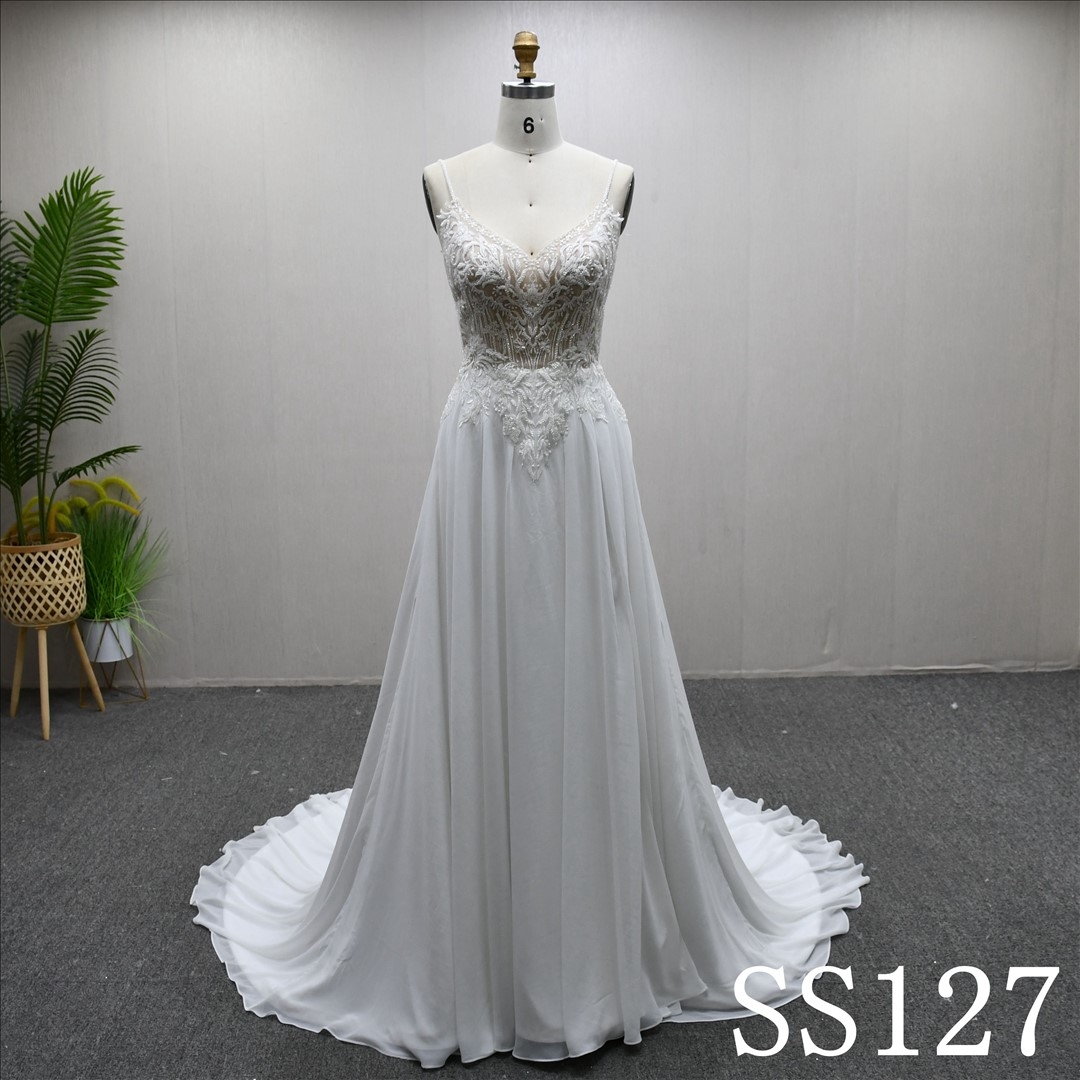 V Neckline Fashion Elegant Lace Beaded A-line High Waist Popular Wedding Dress