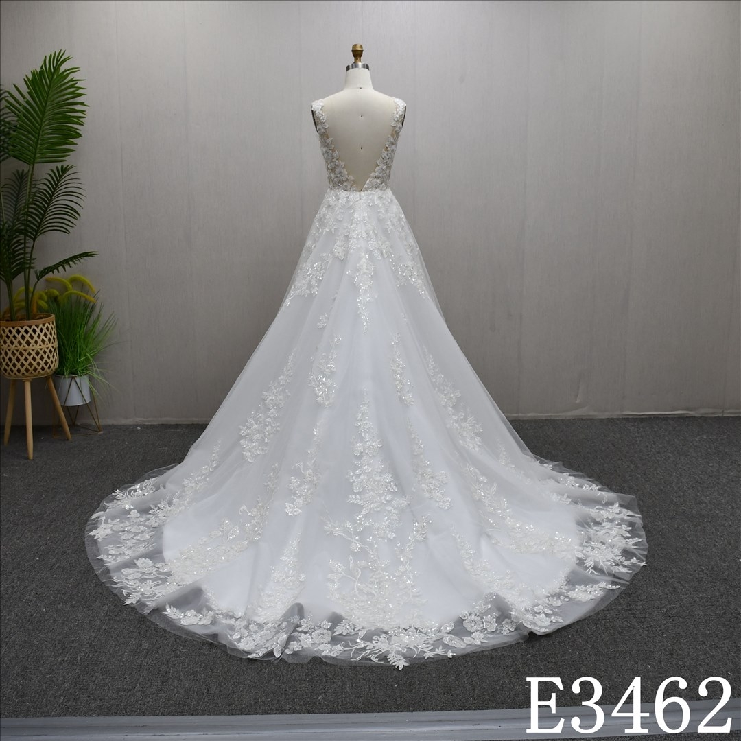 Luxury V-neckline Lace Applique Shiny High-end Long Train A-line Wedding Dress
