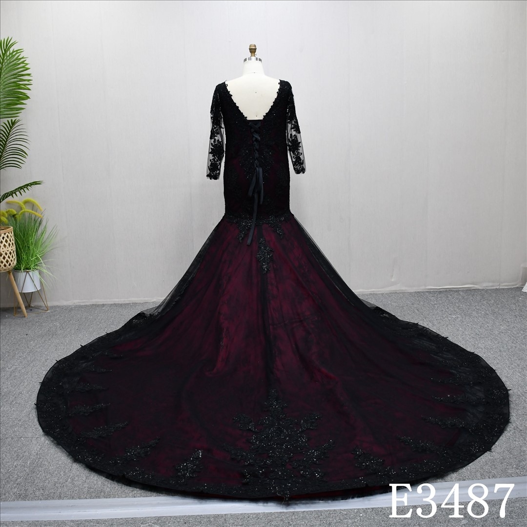 Elegant Black And Red Long Sleeves Lace Beaded Sheath Mermaid Bridal Dress