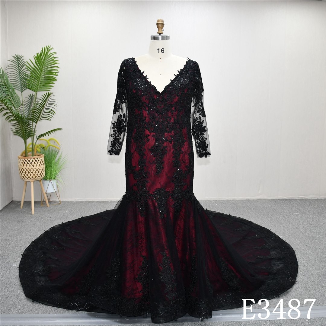 Elegant Black And Red Long Sleeves Lace Beaded Sheath Mermaid Bridal Dress