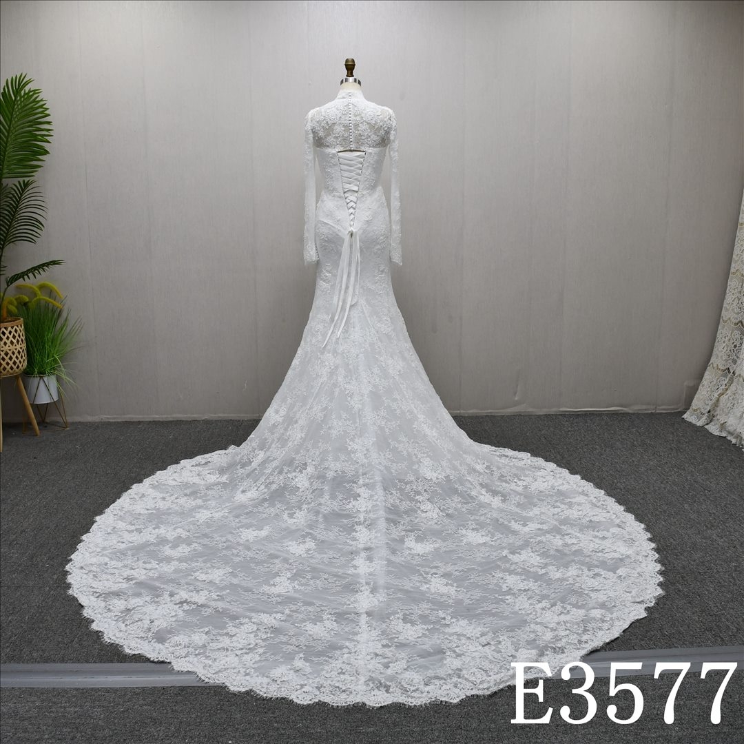 Long Sleeves High Neckline Applique Beaded Elegant Sheath Mermaid Wedding Dress