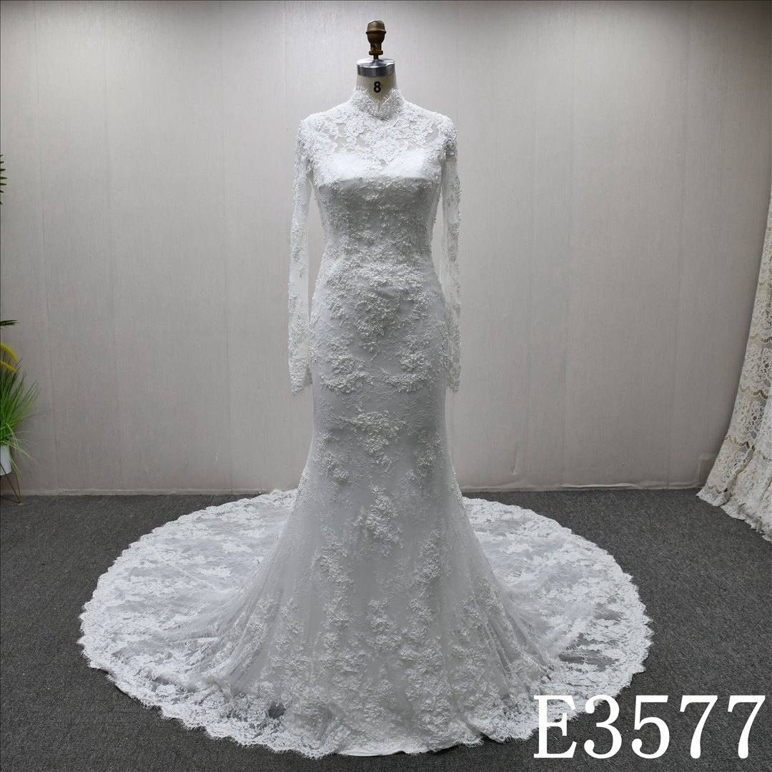 Long Sleeves High Neckline Applique Beaded Elegant Sheath Mermaid Wedding Dress