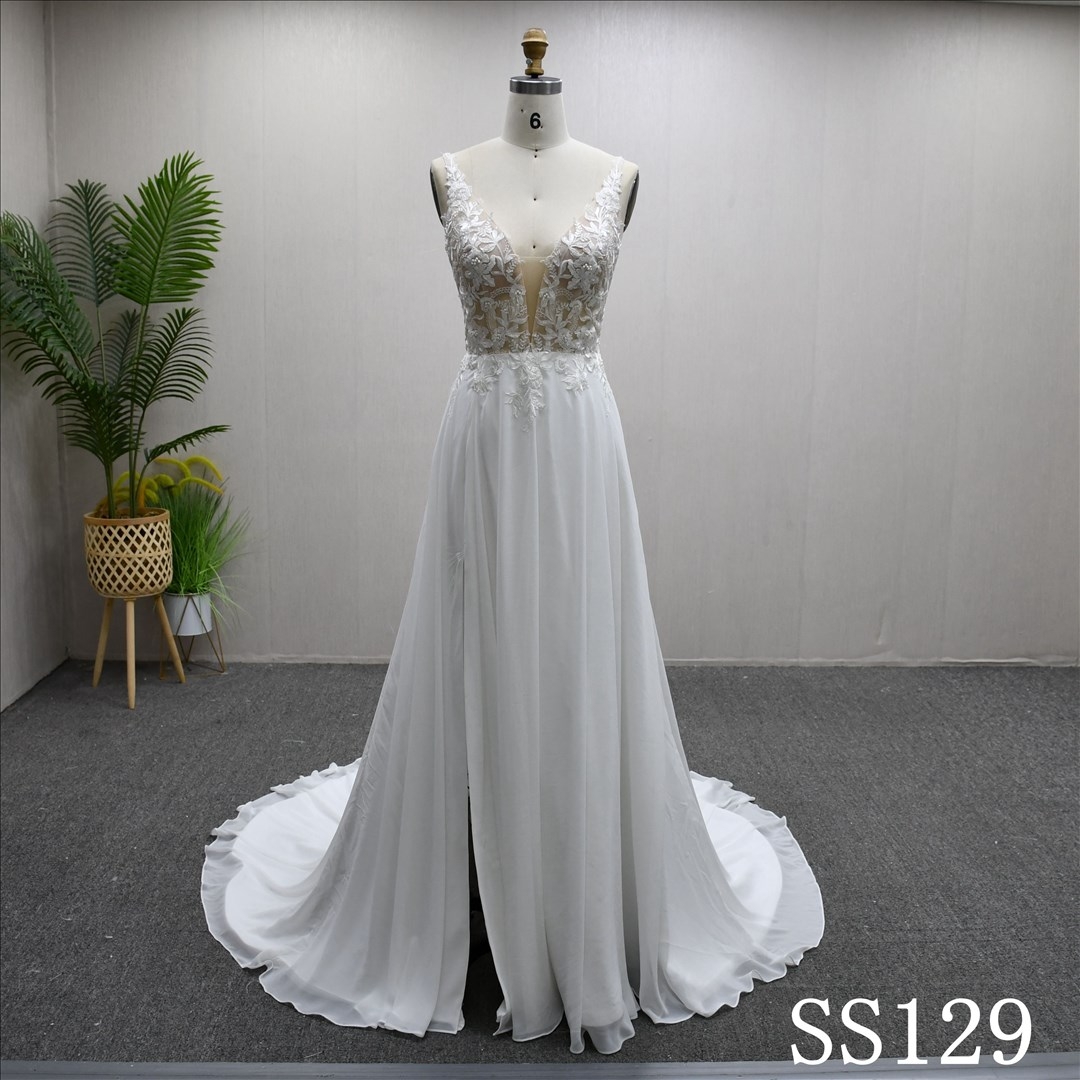 V Neck Chiffon Beaded Hot-selling A-line High Quality Fashion Bridal Dress