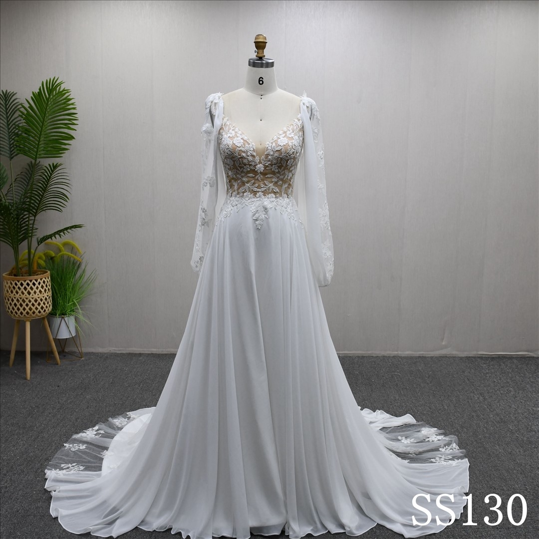 Long Sleeves V Neck Chiffon Popular A-line High Quality Fashion Bridal Dress