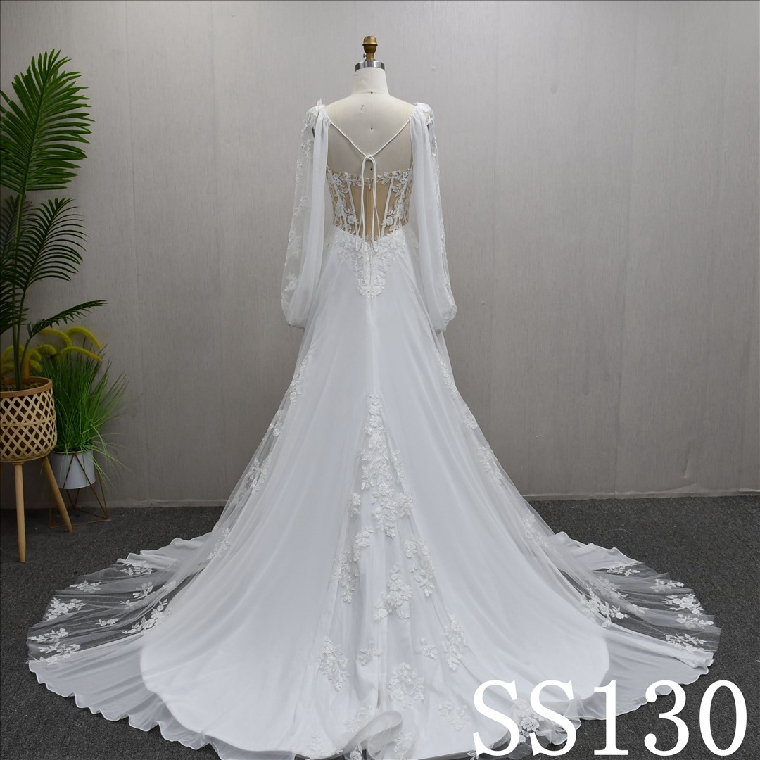 Long Sleeves V Neck Chiffon Popular A-line High Quality Fashion Bridal Dress