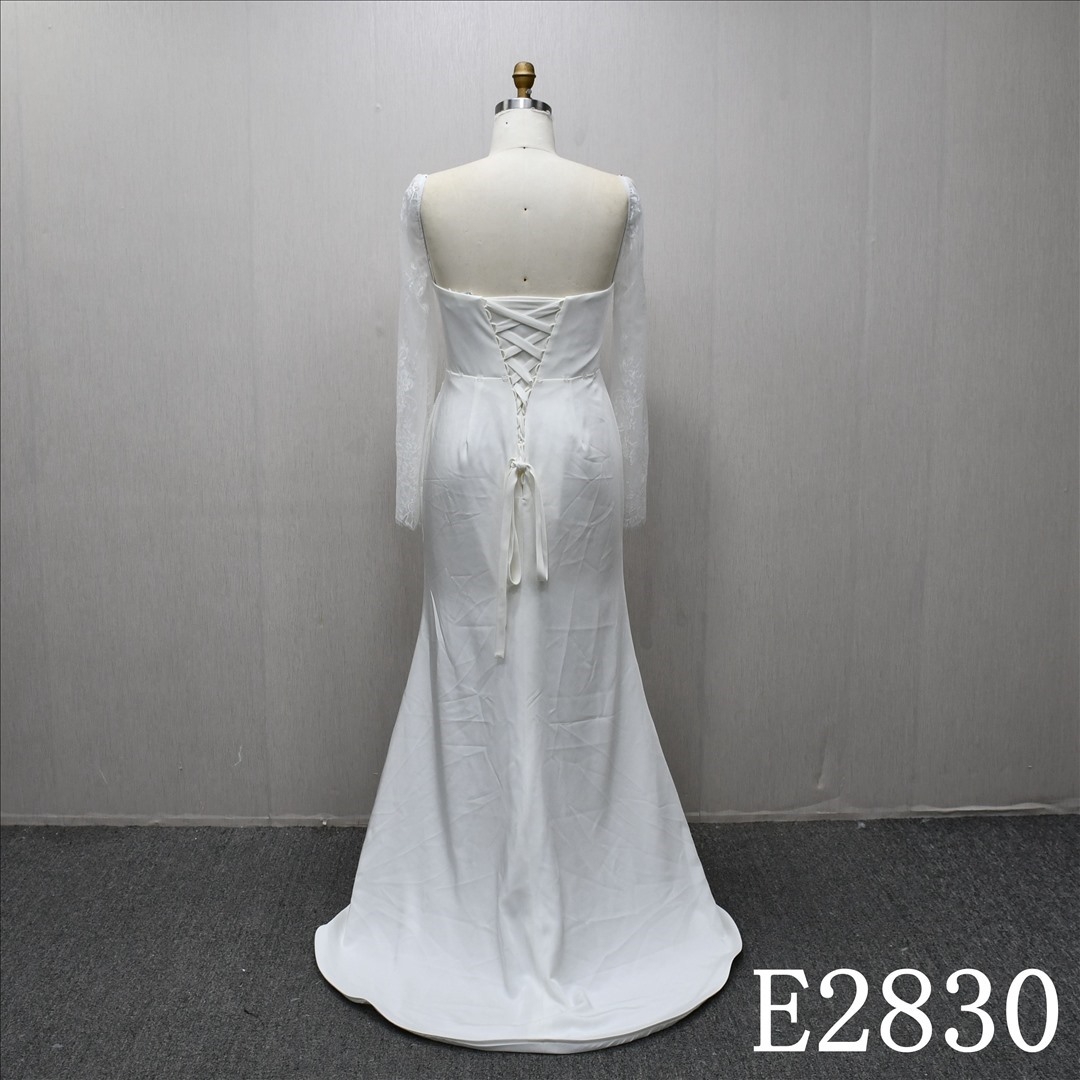 Long Sleeves Lace Slit Hot-selling Sheath Mermaid Detachable Train Bridal Dress