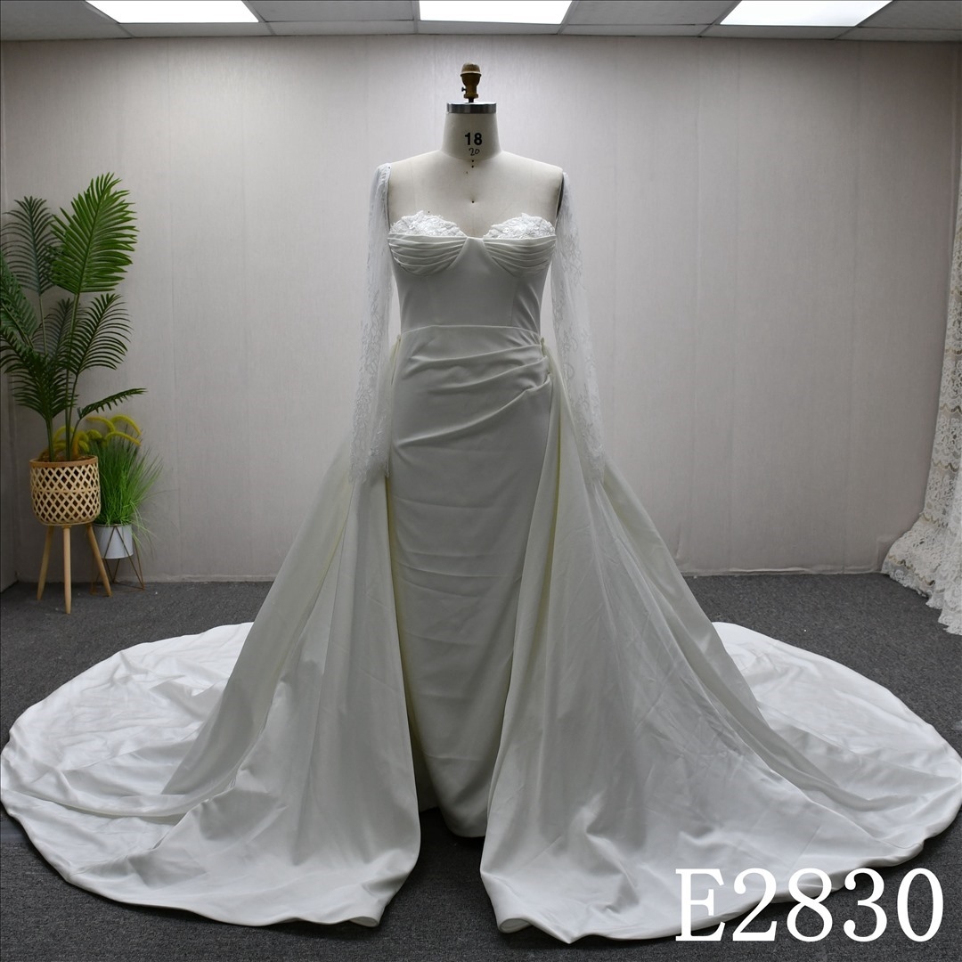 Long Sleeves Lace Slit Hot-selling Sheath Mermaid Detachable Train Bridal Dress