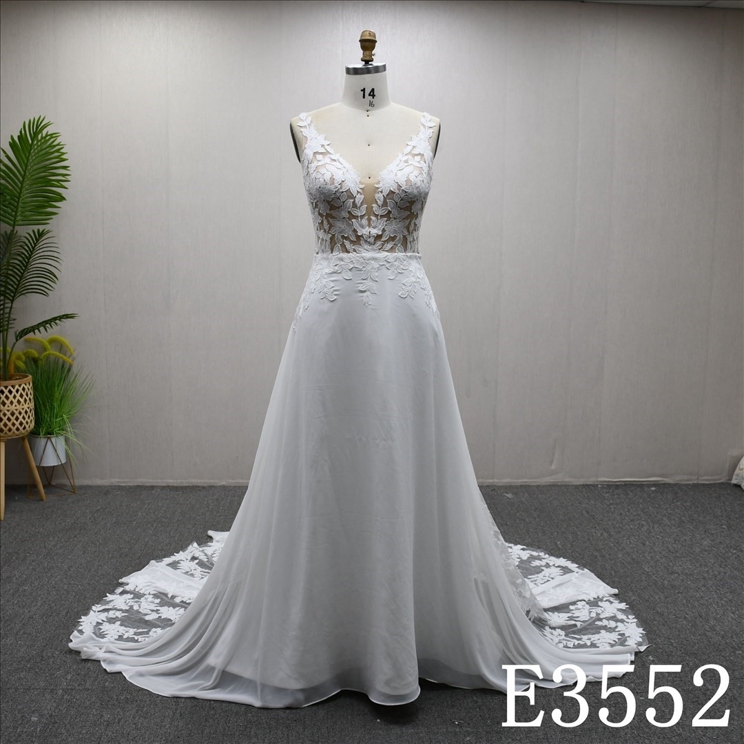 V-neckline Applique High Waist Elegant Long Train Hot-selling Wedding Dress