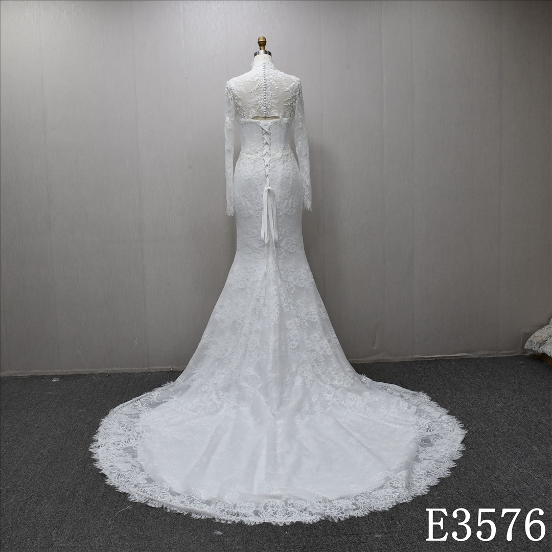 High Neck Long Sleeves Applique And Beaded Fashion Sheath Mermaid Wedding Dress