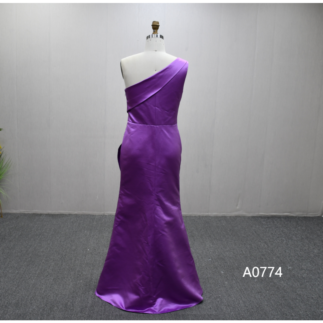 Elegant purple evening gown with unique pleated design