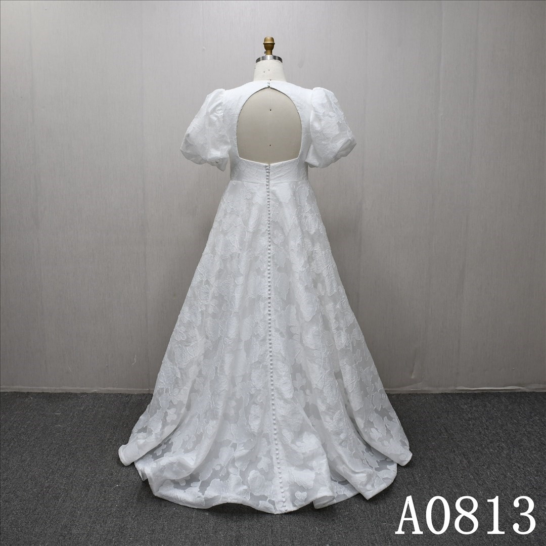 Illusion short sleeve applique high waist ball gown with open back