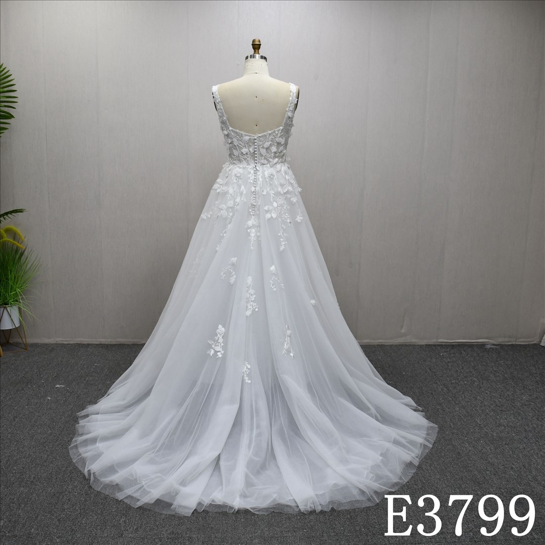 Hot-selling Strap Square Neckline 3D Flowers A- LINE  Bridal Dress
