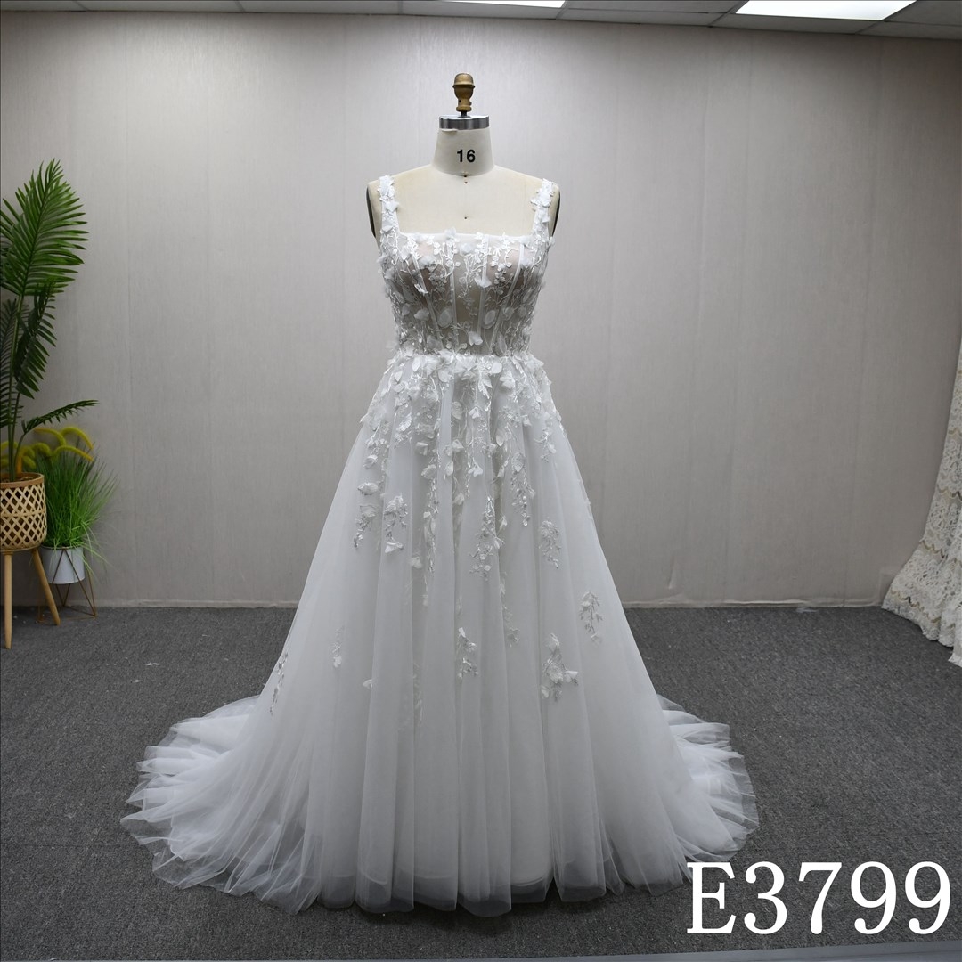 Hot-selling Strap Square Neckline 3D Flowers A- LINE  Bridal Dress