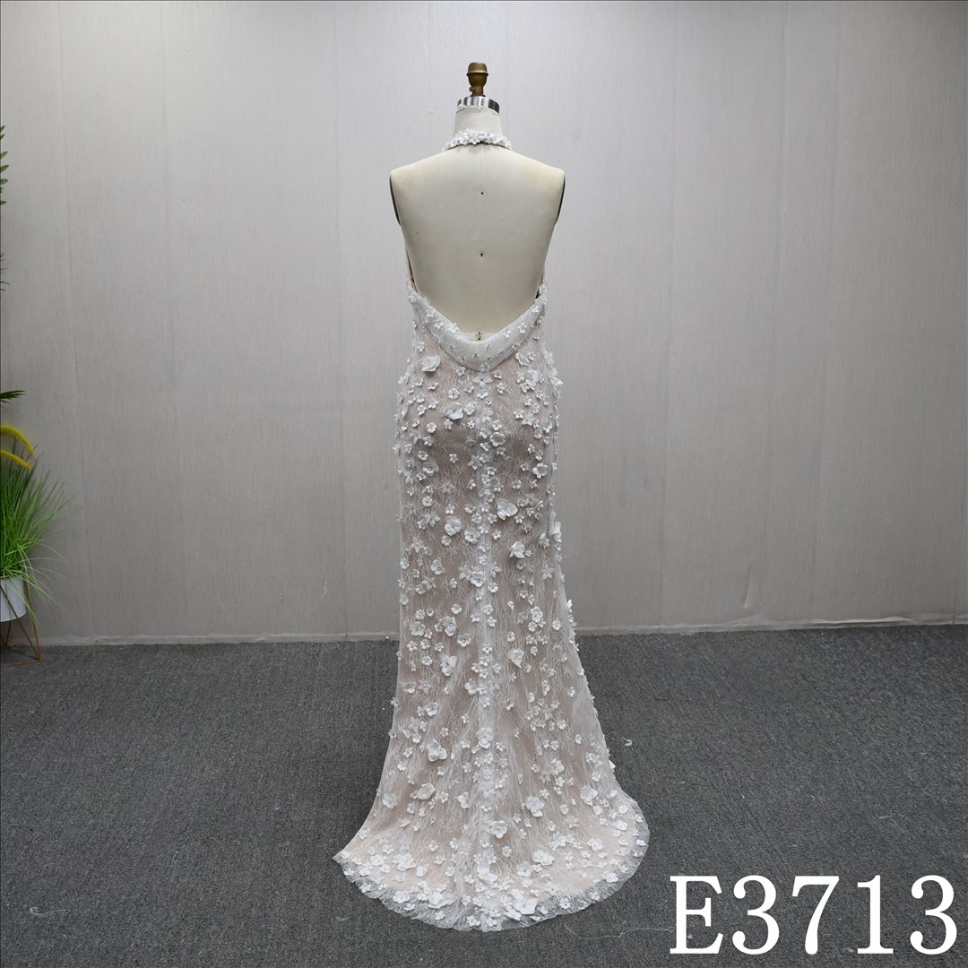 Hot selling unique design exquisite halter neck wedding dress evening dress
