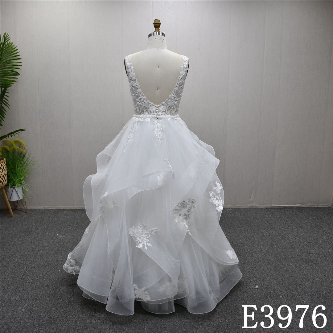 Elegant straps unique design lace A-line simple bridal gown