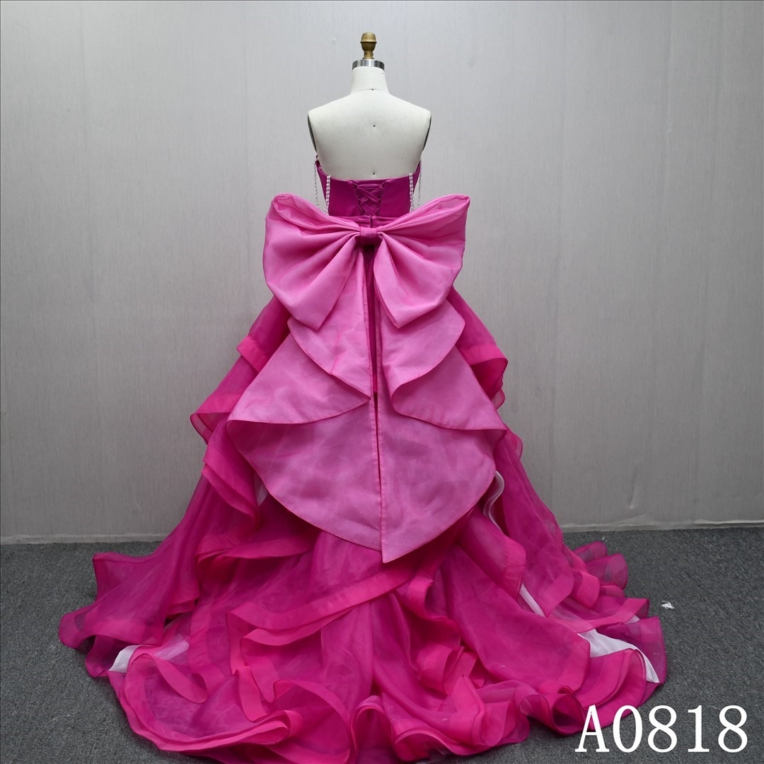 Hot selling unique design pink evening wedding dress with diamonds and big bow