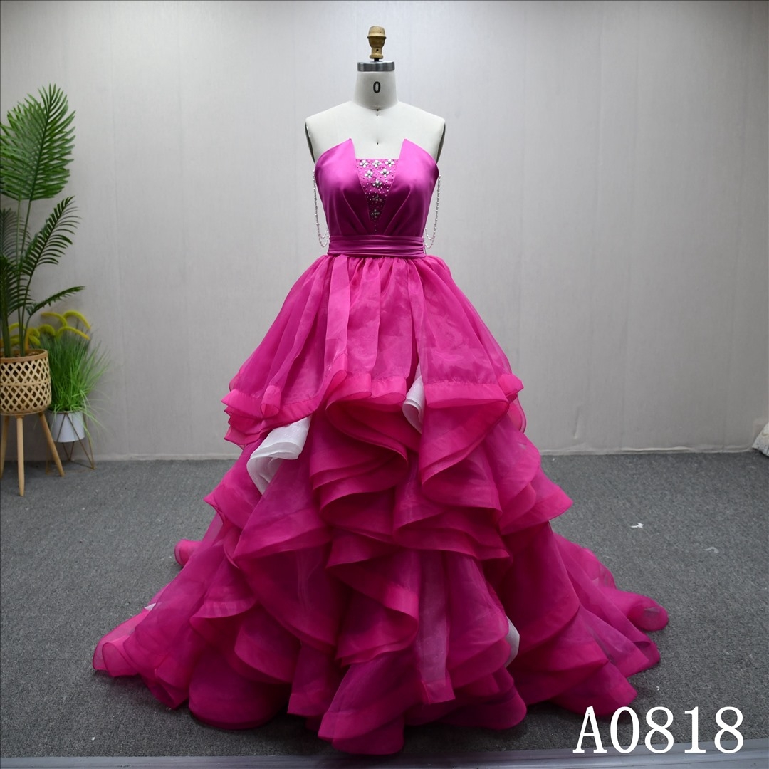 Hot selling unique design pink evening wedding dress with diamonds and big bow