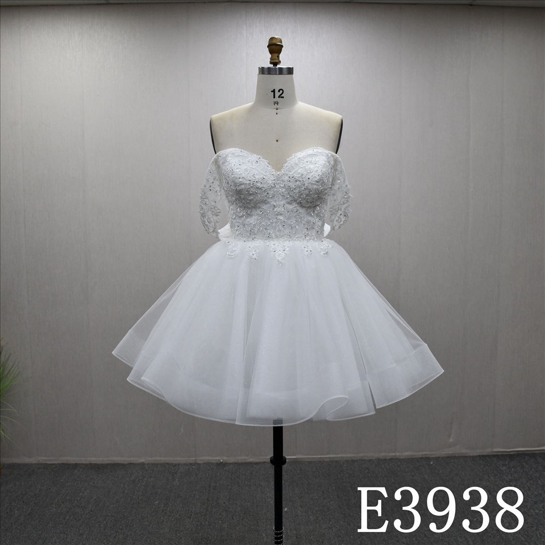 Sweetheart neckline, off-shoulder, lace and sequined A-line short skirt wedding evening dress