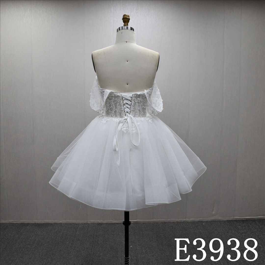 Sweetheart neckline, off-shoulder, lace and sequined A-line short skirt wedding evening dress