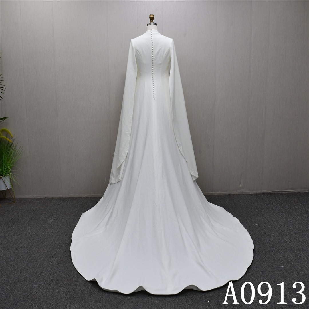 Hot selling Muslim style high neck A-line dress with Removable cape, pearl decoration, back zipper and lace up back
