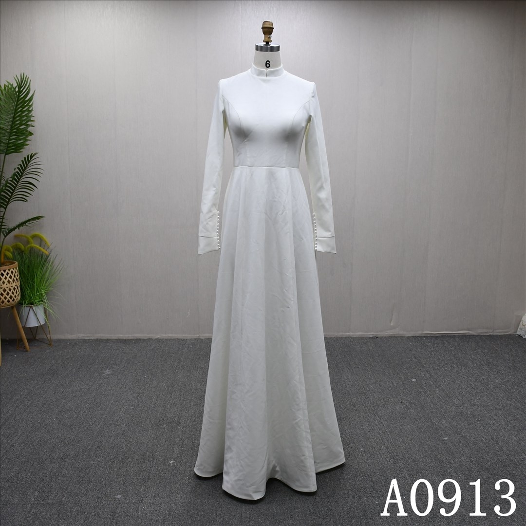 Hot selling Muslim style high neck A-line dress with Removable cape, pearl decoration, back zipper and lace up back