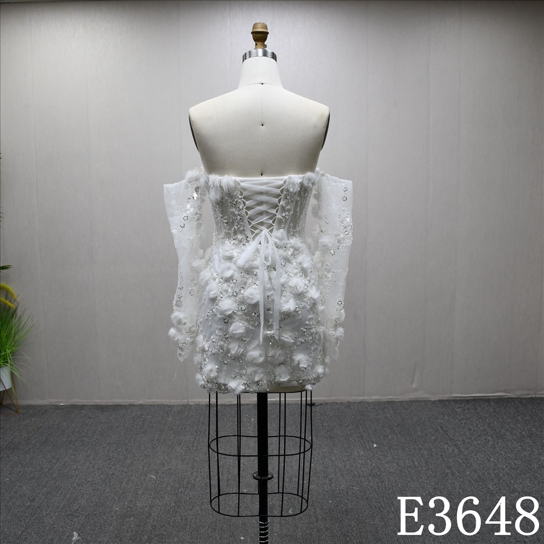 Elegant Long Sleeve Lace Beaded Diamond A-Line short dress Luxury Bridal Gown