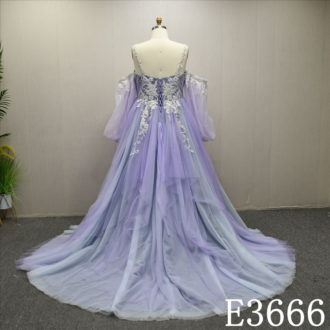 Hot selling unique design purple blue long sleeve evening dress with lace flowers