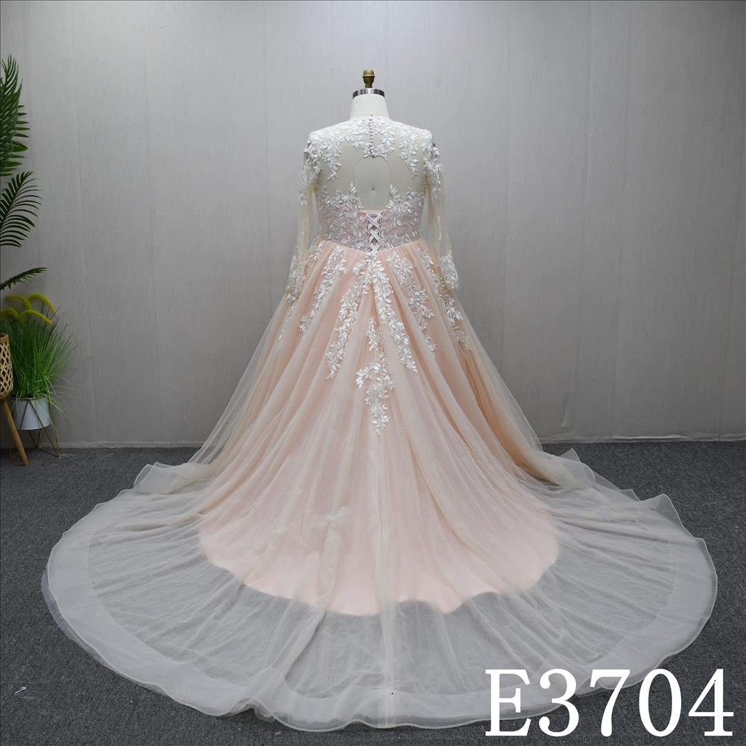 Removable tail Illusion neckline long sleeve A-line plus size short dress wedding dress evening dress