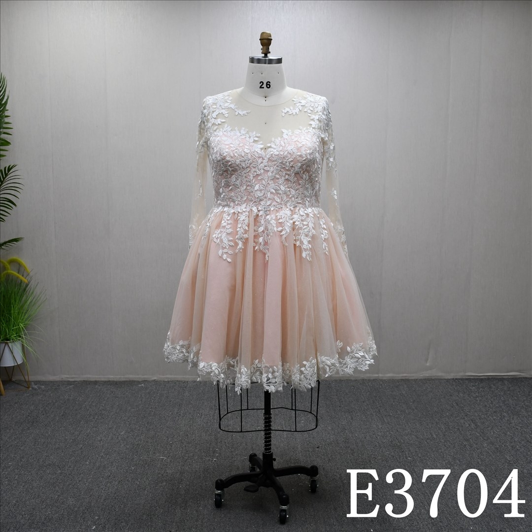 Removable tail Illusion neckline long sleeve A-line plus size short dress wedding dress evening dress