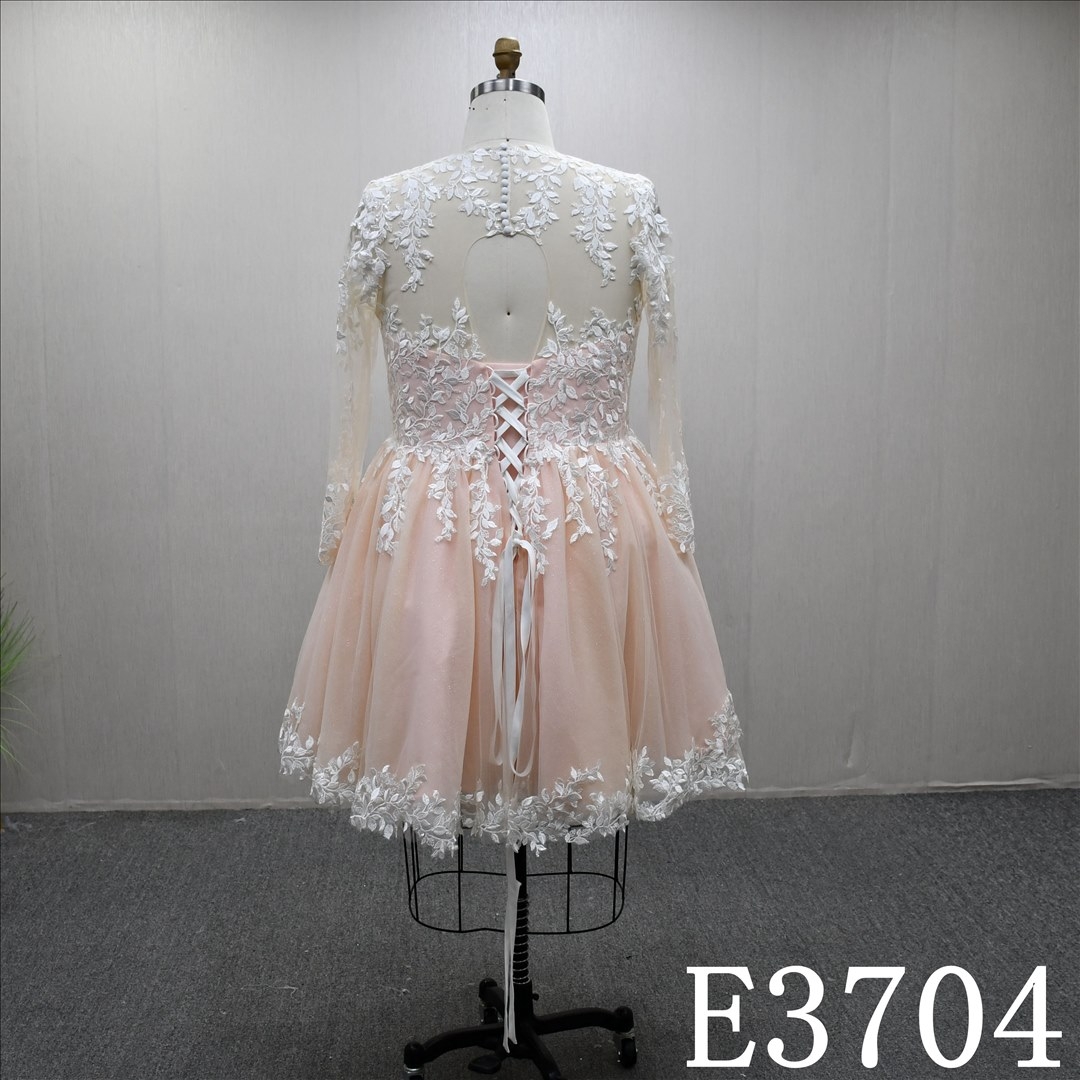 Removable tail Illusion neckline long sleeve A-line plus size short dress wedding dress evening dress