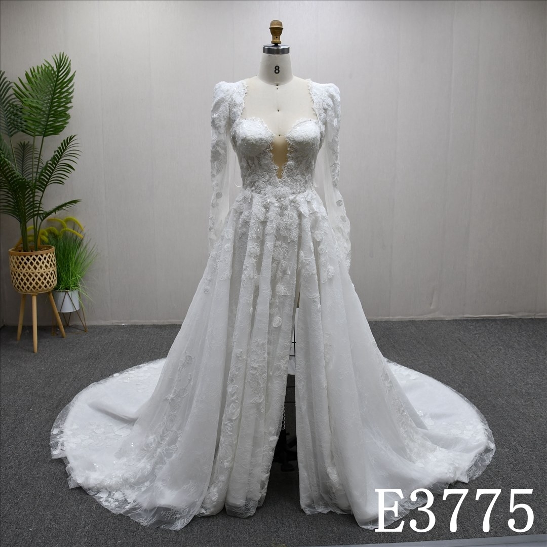 Beautiful A-line luxury wedding evening gown with Long sleeves  and lace