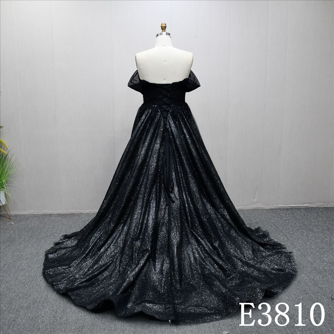 Black fashionable off-shoulder unique A-line wedding dress, high quality wedding dress