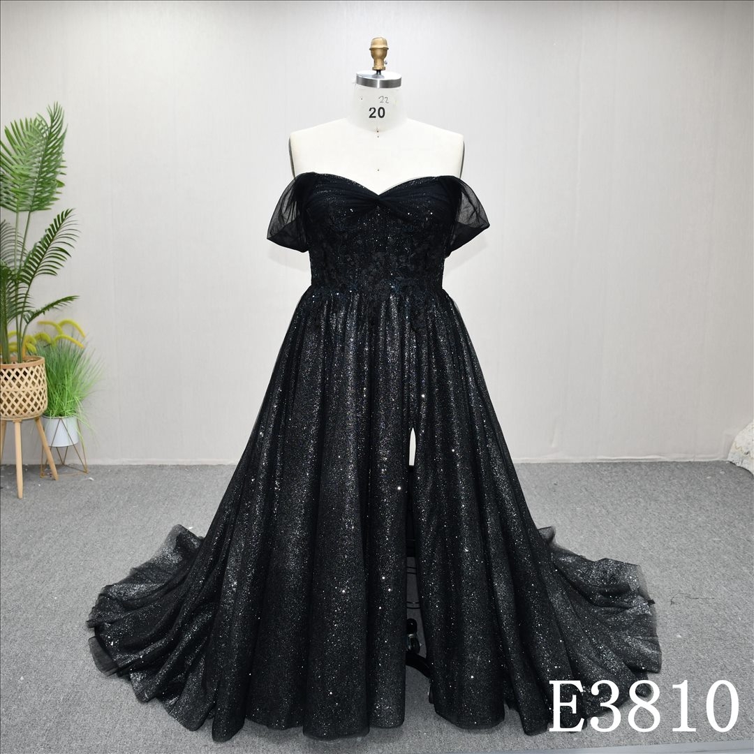 Black fashionable off-shoulder unique A-line wedding dress, high quality wedding dress