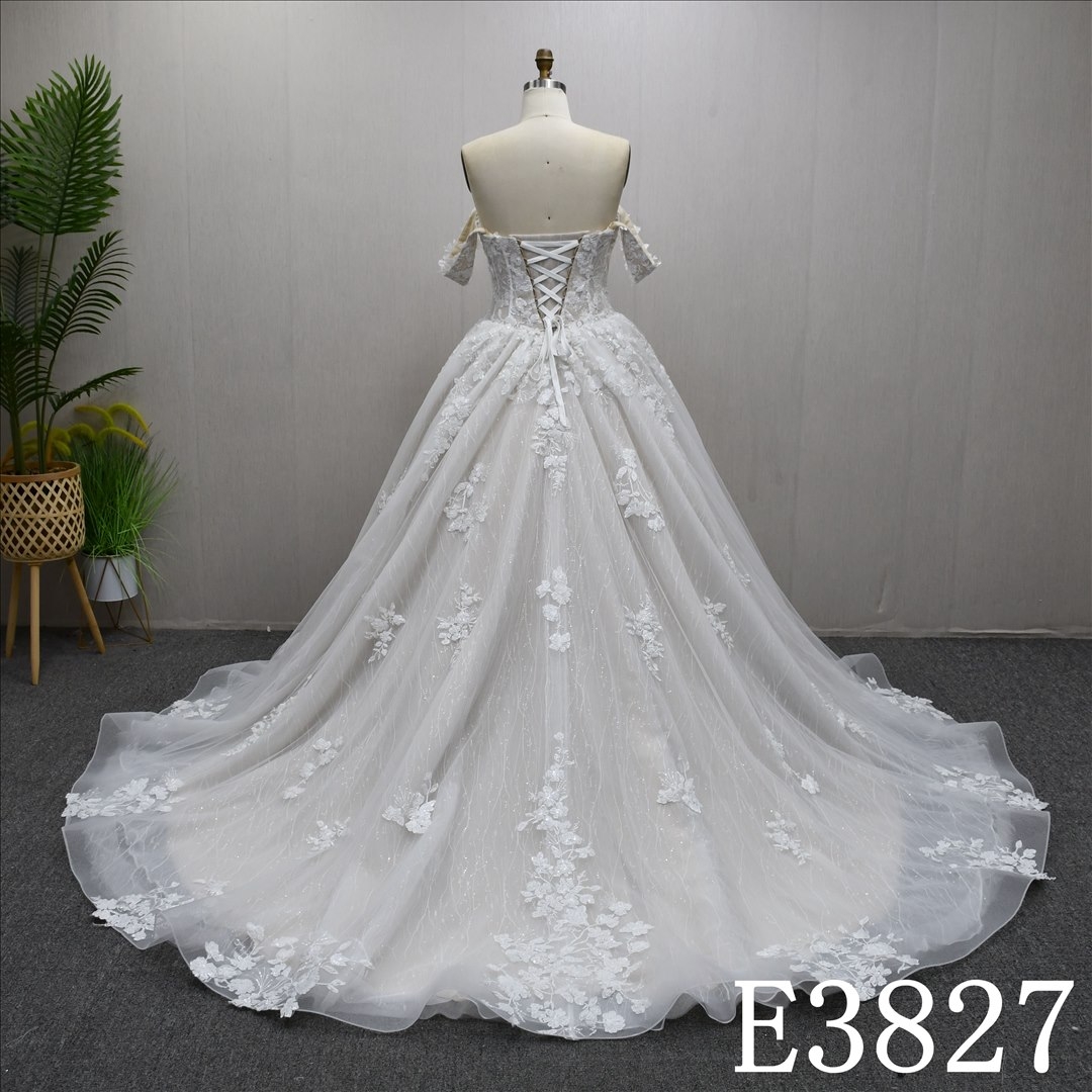 Beautiful unique color luxury A-line wedding evening dress with lace flowers and beading and sequins all over