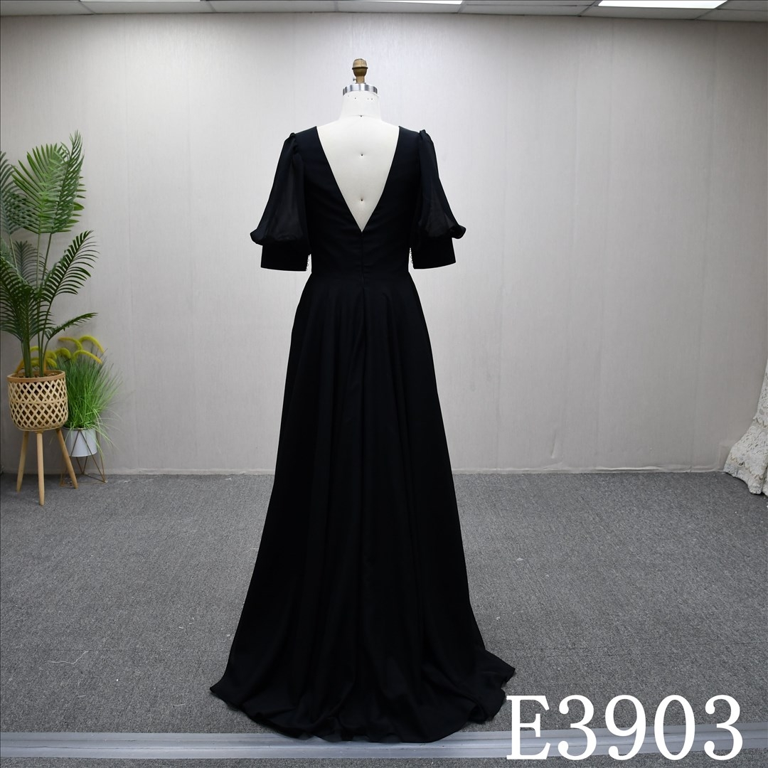 Black stylish V-neckline 3/4 sleeves unique A-line wedding dress, high quality wedding dress
